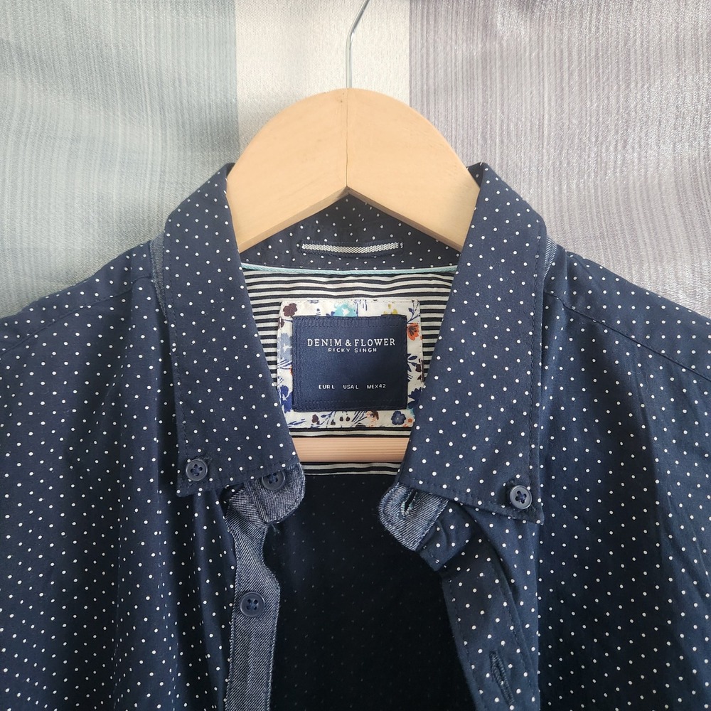 Denim & Flower Ricky Singh Mens Navy Polka Dot Short Sleeve Button Down Shirt L